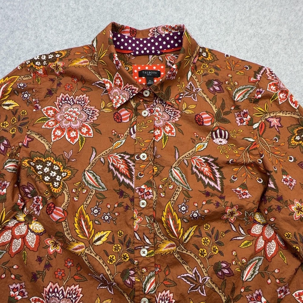 Talbots Shirt Women Petite Large Purple Brown Floral Long Sleeve Button Contrast - Picture 3 of 13